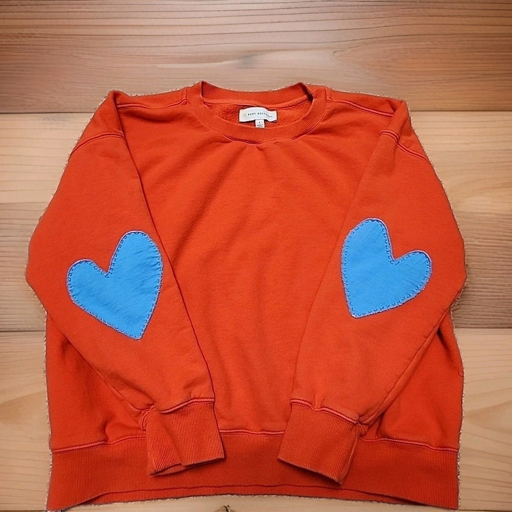 Kerri Rosenthal Women's Pullover Orange Sweatshirt Blue Heart Elbow Patch L